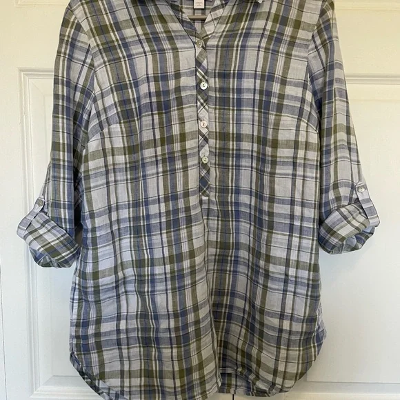 J. Jill Love Linen Blue and Green Plaid Linen Shirt with Pockets | Petite Small - Picture 11 of 12